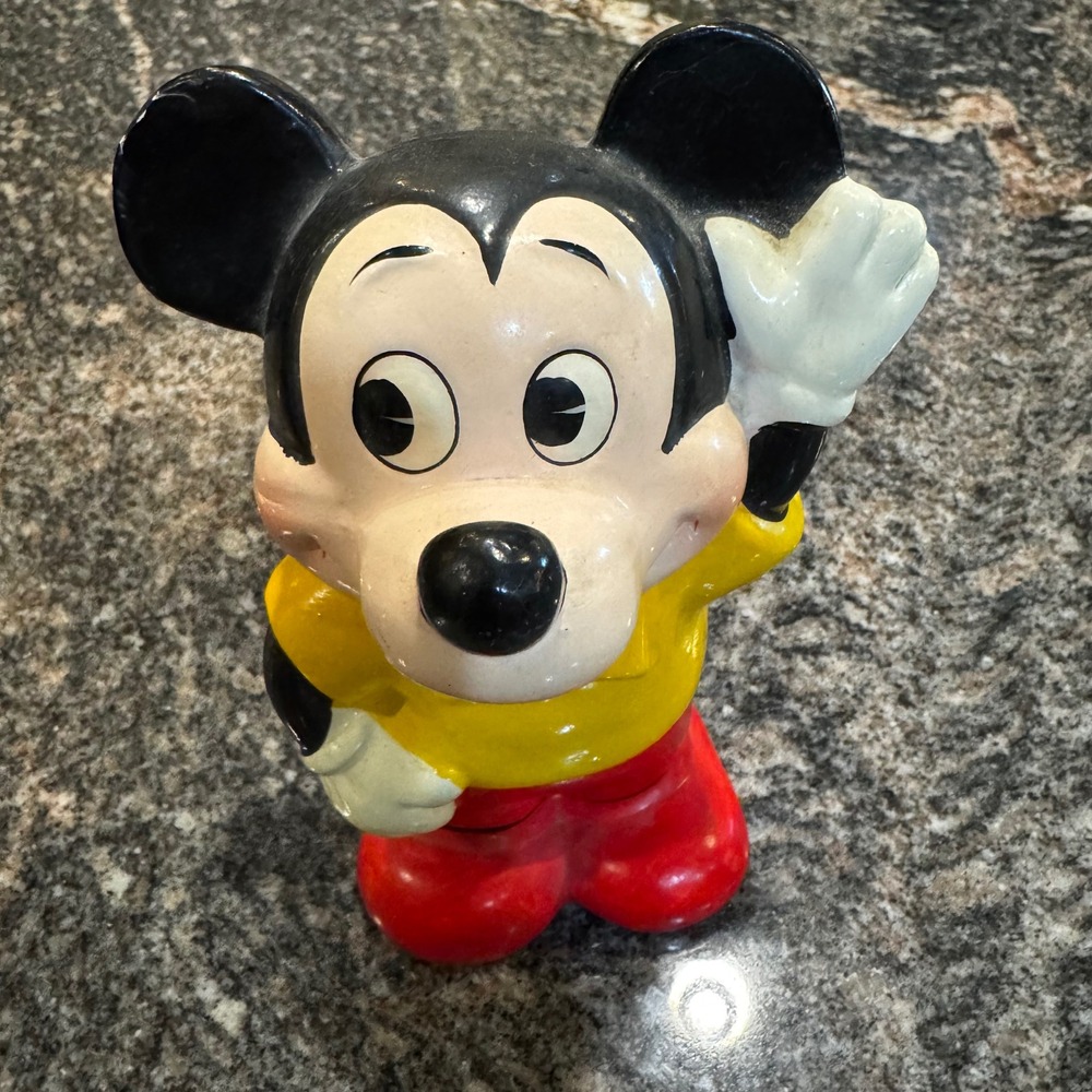 Disney Mickey Mouse Coin Bank Unisex OS Red Yellow Vintage Waving Ceramic Retro